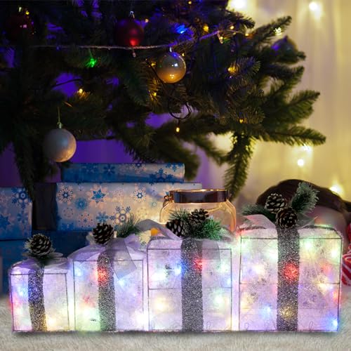 COVFEVER Christmas Lighted Gift Boxes, Pre-lit Lights Gift Boxes Set of 4, Light up Present Boxes Set Battery Operated with Different Sizes for Holiday Indoor Outdoor Decorations(Multi-Colored) by COVFEVER - Used condition - Image 5