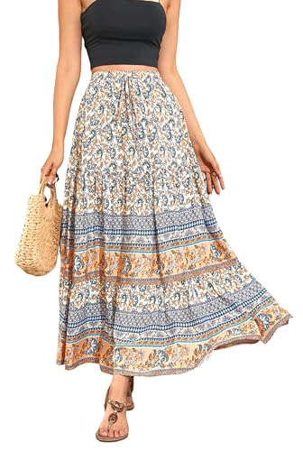 R.Vivimos Womens Summer Cotton Vintage Floral Print Boho Casual Ruffled Flowy Maxi Skirt