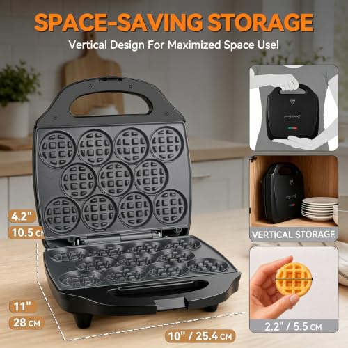 Image of Baker's Friend, Bite-size Mini Waffle Maker for Kids & Adults, Small Waffle Maker Mini Belgian Waffle Machine, 11 X 2.2 inch Tiny Nonstick Waffles Iron, Recipe Included, Graphite