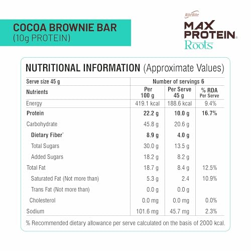 Image of RiteBite Max Protein Roots Cocoa Brownie 10g Protein Bar (Pack of 6) | Made with Ghee & Jaggery | 4g Fiber | No Palm Oil | (270g)