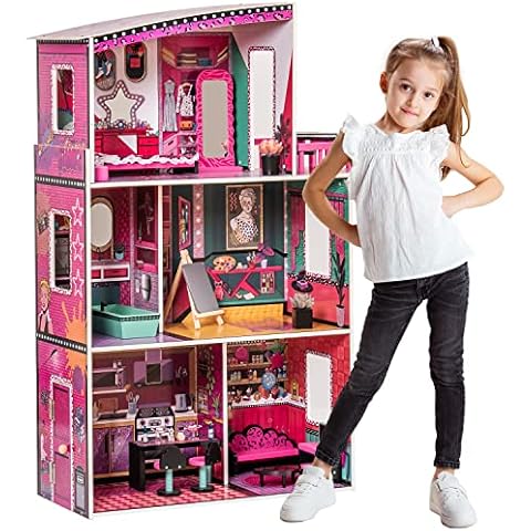 ROBUD Puppenhaus Holz mit Zubehör Puppenhausmöbel Holzpuppenhaus Kinder Modern Puppenstube Puppenvilla Cover