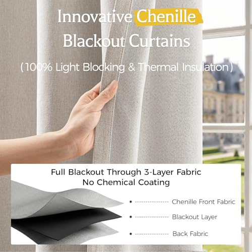Image of Chenille 100% Blackout Curtains 102 Inches Long for Bedroom, Light Beige | Velvety-soft, Luxury Drapes, Thermal Insulated, Noise Reduction, Room Darkening, for Living Room, Grommet, Set of 2 Panels