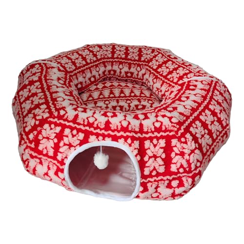Generisch 2026 Acogedora cama de túnel de gato roja suave redonda con cojín central festivo ideal para (rojo, 94 cm)