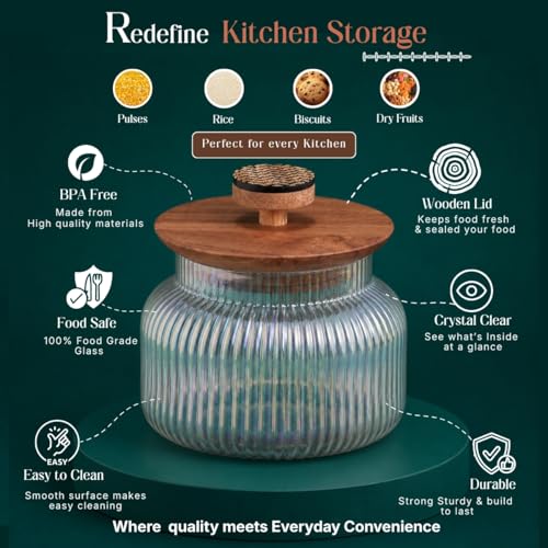 Image of Gleam Glass Jar with Wooden Lid & Resin Knob - Aesthetic & Durable Glass Storage Jar for Organizing Kitchen & Home Essentials