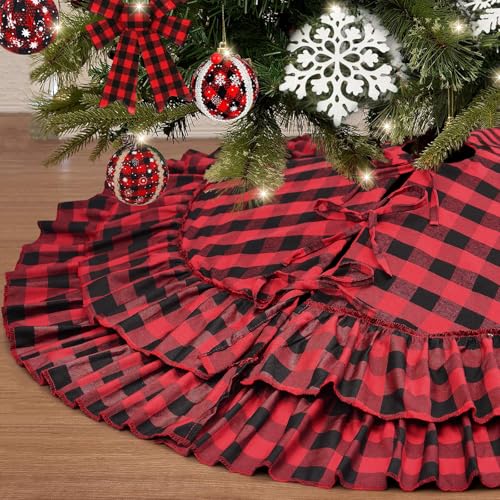 yuboo-Buffalo-Plaid-Christmas-Tree-Skirt-48-inches-Large-Red-and-Black-Checkered-Tree-Mat-Rug-with-Ruffle-Border-Rustic-Farmhouse-Tree-Valentines-Decor yuboo Buffalo Plaid Christmas Tree Skirt 48 inches Large Red and Black Checkered Tree Mat Rug with Ruffle Border Rustic Farmhouse Tree Valentines Decor