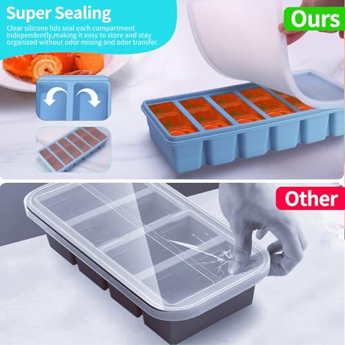 Image of 1 /2 Cup Silicone Freezer Tray With Lid - Silicone Freezer Molds 4-Pack For meal prep & freezing of various sauces and other dishes, makes 24 perfect 1 /2 cup portions cube (Blue 4 Pack)