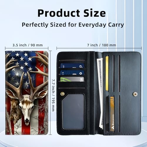 Womens Wallet,RFID Blocking Credit Card Slim Thin Holder,Long Bifold PU Leather Card Organizer,Cash Clutch Billfold Pocket Ladies Minimalist Travel Wallets,American Skull Deer Flag3