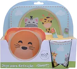 Mimo Style Jogo Para Refeição Safari Infantil Eco-Friendly, Feito de Bambu Natural Ecológico. Possui Imagens Impressas de Animais. Jogo é Composto de Prato, Garfo, Bowl e Copo (320ml), BF20197