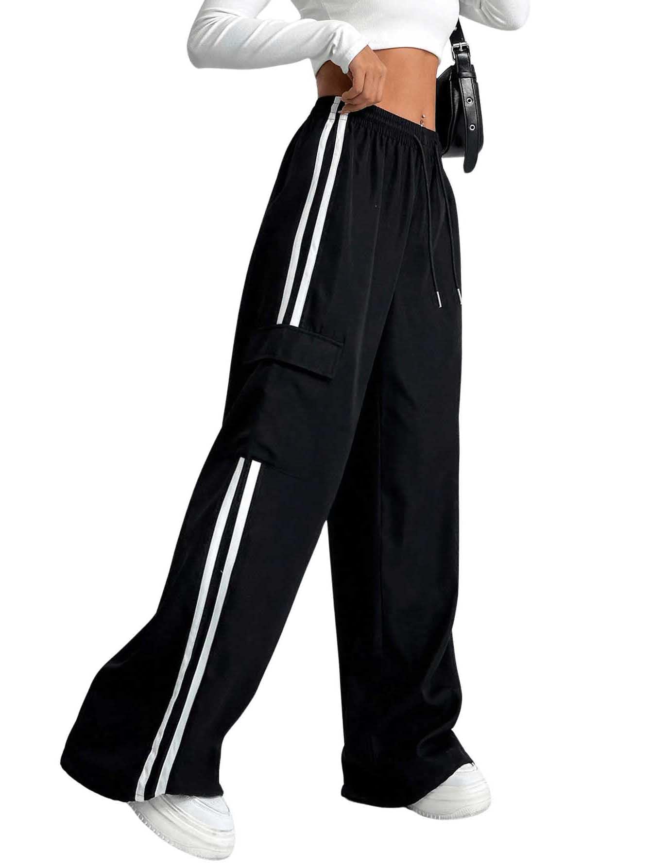 Verdusa Women's Cargo Pants Baggy Straight Wide Leg Track Pants Striped Joggers with Pockets Athletic Streetwear