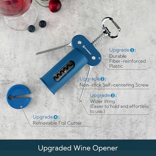 KITCHENDAO 3 in 1 Wing Corkscrew Wine Bottle Opener with Foil Cutter, Built-in Beer Bottle Opener, Multifunctional Wine Opener with Non-Stick Sharp Screw,Easy to Use, Manual Wine Corkscrew ,Blue - Image 3