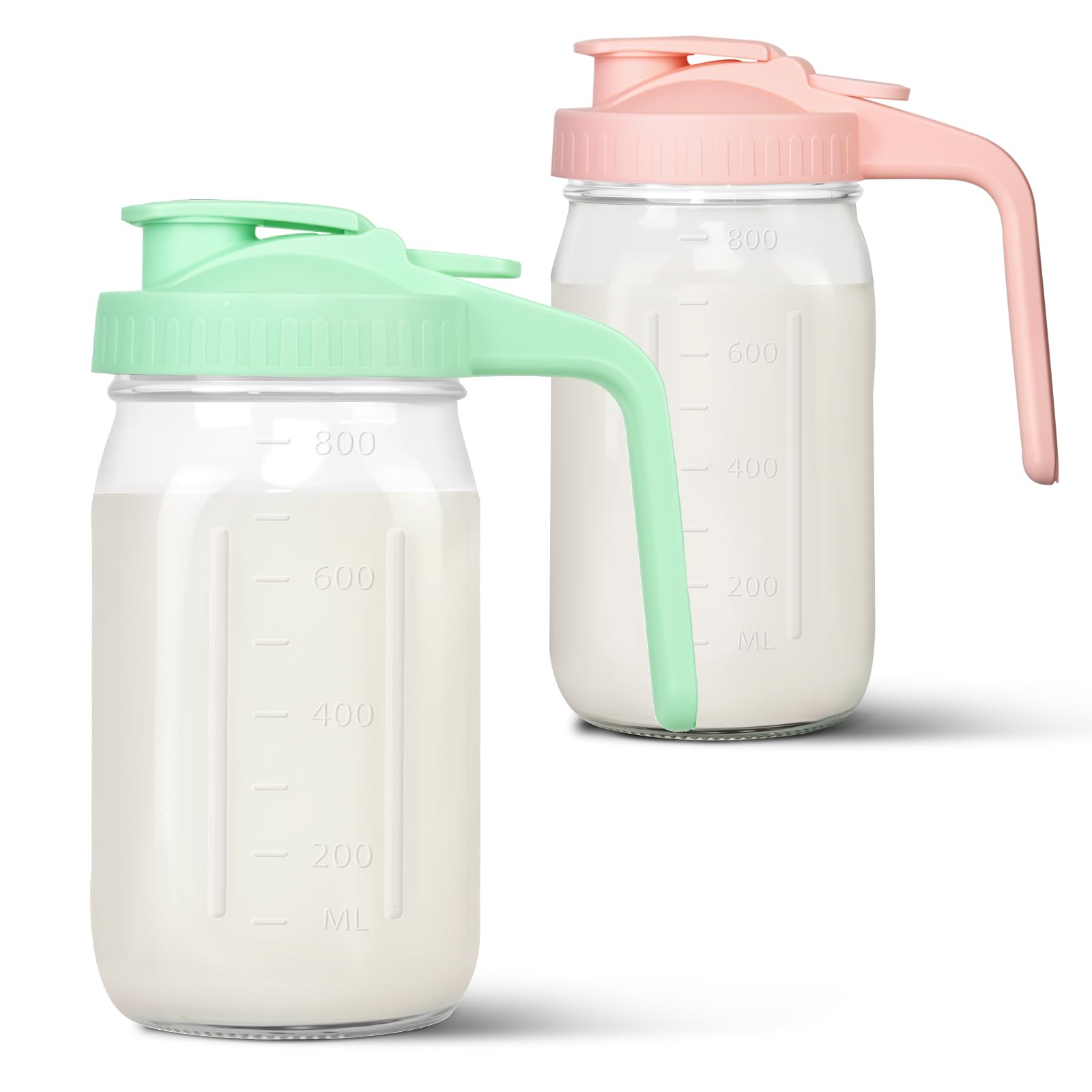 Lot de 2 pichets pour lait maternel, bocaux en verre avec couvercle, large ouverture et pichet en verre étanche pour lait maternel, thé au soleil, jus, café à froid et boissons (vert, rose)