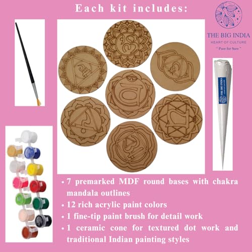Image of Mandala Tea Coaster | Set of 6 | DIY Painting Craft for Adults & Kids | 7 Chakra Premarked Round Tea Coaster Kit