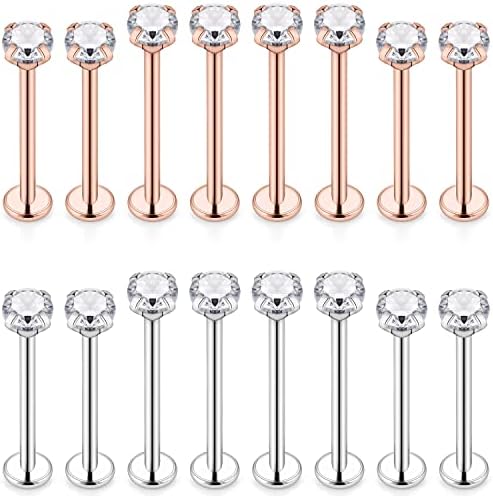 Ovxznts 14G Cheek Piercing Jewelry Stainless Steel Ashley Piercing Lip Jewelry Crystal Internally Threaded Dimple Studs Flat Tongue Rings for Women Men 16mm 5/8 inch