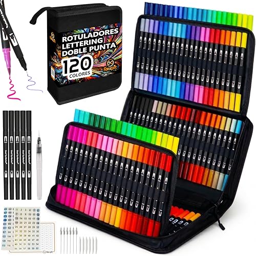 Roxpit Rotuladores Lettering Doble Punta – 120 Colores Acuarelables con Punta Pincel y Fina, Incluye Blender, Recambios y Estuche | Guías y Mandalas Descargables | Para Dibujar, Colorear y Lettering
