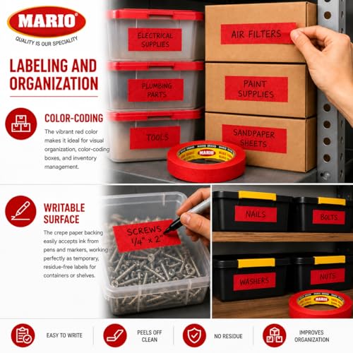 Image of Mario Red Masking Tape - 20 Meter Length, 6mm Width - Premium Adhesive Tape for DIY, Art & Craft, Carpenter & Painting Use - Easy Tear, Clean Peel - Pack of 2 Rolls