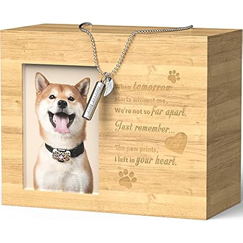 TONGKTAI Pet Urns for Dogs Ashes, Wooden Ashes Casket Keepsake Memorial Gift Photo Box Pet Ashes Holder with Picture Frame Large Size Pet Cremation Box for Dogs Cats Ashes with Necklace Cover