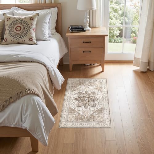 Tortania Area Rug 2x3 Doormat - Washable Vintage Oriental Farmhouse Soft Thin Indoor Carpet for Living Room Bedroom Hallway Entryway Kitchen - Brown