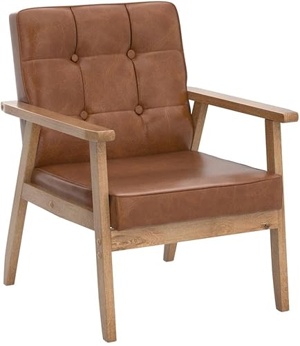 Miniatura 5 de Okeysen - Juego de 2 sillas de acento, silla de acento moderna de mediados de siglo, sillas laterales de madera y cuero retro, silla de descanso y