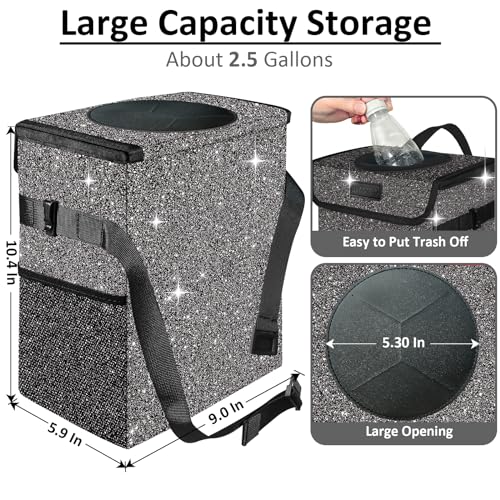 Image of Cute Mini Car Trash Bag with Lid, Glitter Garbage Can Bin Hanging for Back /Front Seat /Console, Waterproof, Leakproof, 2.5 Gallon, Black Bling Sparkly