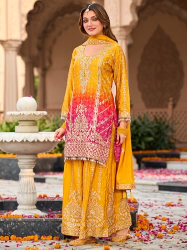 Image of INDO ERA Women's Silk Blend Embroidered Straight Kurta & Palazzo with Dupatta Set (IEOUT10598)