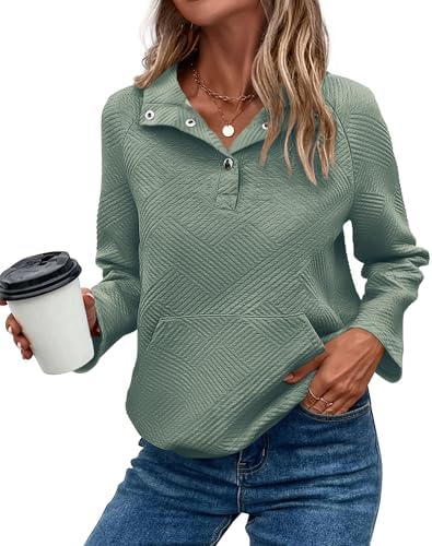 KIRUNDO Womens Sweatshirt Casual Textured Long Sleeve Henley Button V Neck Loose Pullover 2025 Trendy Fall Outfits Tops