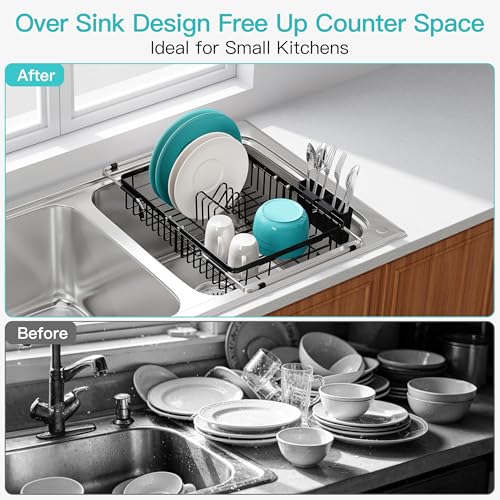 Image of JASIWAY Black Dish Drying Rack Over the Sink with Utensil Holder