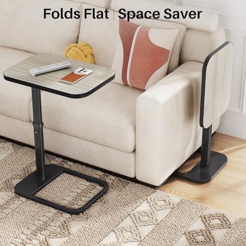 Image of Driftwood Grey TV Tray Table, Adjustable Height & Rounded Metal Corners, Snack Table for Couch, Sofa, Bed, Chair, Living Room, C Shaped End Side Table for Eating, Dinner or Laptop, Small Spaces
