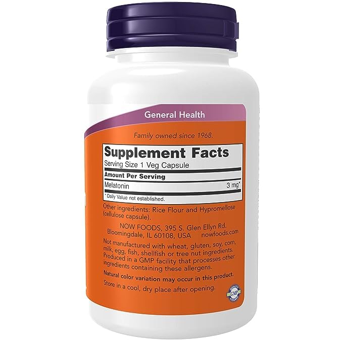 Image of NOW Foods Supplements, Melatonin 3 mg, Free Radical Scavenger*, Healthy Sleep Cycle*, 180 Veg Capsules (Pack of 12)