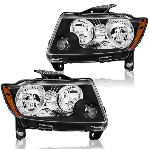 SAFAUTOPARTS Headlights Assembly Pair for 2011-2013 Jeep Grand Cherokee / 2011-2017 Jeep Compass Halogen Headlamps Replacement Driver and Passenger Side (RH LH),Black Housing Amber Reflector