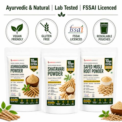 Image of Ashwagandha Shatavari Safed Musli Root Powder Combo | 110g Each (3 Pouches) | Pure & Natural Ayurvedic Herb Powder | No Additives, No Fillers | 330g Total