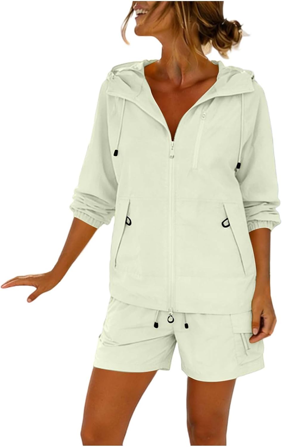 2 Piece Outfits Long Sleeve Zip Up Jacket Top and Shorts Summer Matching Short Sets Hiking Sun Protection Tracksuits