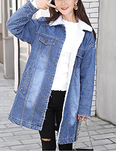 chouyatou Women's Winter Faux Fur Collar Sherpa Lined Long Denim Coat Trucker Jacket4
