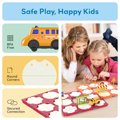 Image of PicassoTiles 60pc Race Car Track Builder Set Rotating Reversible Racetracks with School Bus Toy Vehicle and Accessories STEM Learning Construction Building Playset for Toddler Boys Girls Ages 3+ PTR21
