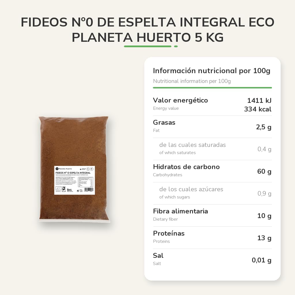 PLANETA HUERTO | Fideos nº0 de espelta integral ecológica 5 kg, pasta fina sin aditivos Ricos en fibra y proteínas - Fideos ideales para sopas, caldos y preparaciones ligeras