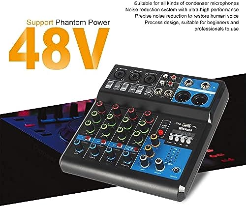 Mini audio DJ mixer Sound Board Console System,5 Channel 48V Phantom Power with Bluetooth USB MP3 Stereo live DJ Studio Streaming for professional recording party KTV stage - Thumbnail 5