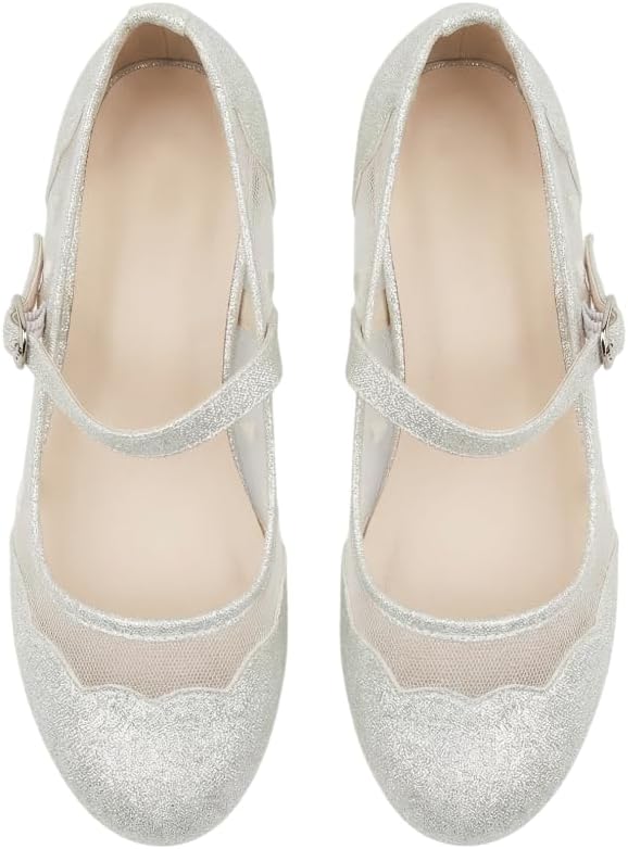 SIRRI Girls Mesh Mary Jane Flats Heart Ballet Pumps Buckle Closure Wedding Party Shoes