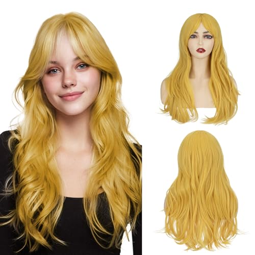 MY-LADY Yellow Wig with Side Side Bangs Long Wavy Cosplay Wig for Women Natural Hair 24 Inch Synthetic Hair for Girls Daily Party Halloween