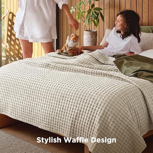 Image of Bedsure Cooling Cotton Waffle Queen Size Blanket - Lightweight Breathable Soft Blanket of Rayon Derived from Bamboo for Hot Sleepers, Luxury Throws for Bed, Couch and Sofa, Linen, 90x90 Inches