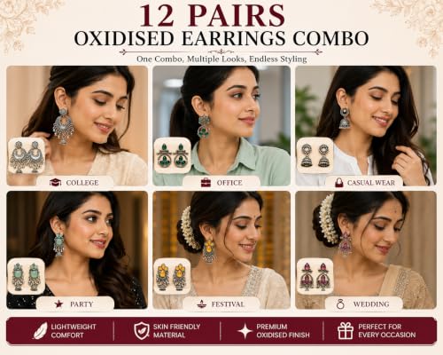 Image of Oxidised Silver Plated Earrings Combo Set With Box for Women & Girls | 12 Pair Traditional Jhumka Chandbali Stone Studded Boho Ethnic Earrings Collection | Daily Wear Party Wedding Jewellery