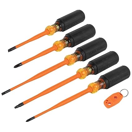 Klein Tools 33736INS Klein Tools 33736INS Insulated Screwdriver Set, 1000V Slim-Tip Driver with Phillips, Cabinet and Square Bits and a Magnetizer, 6-Piece