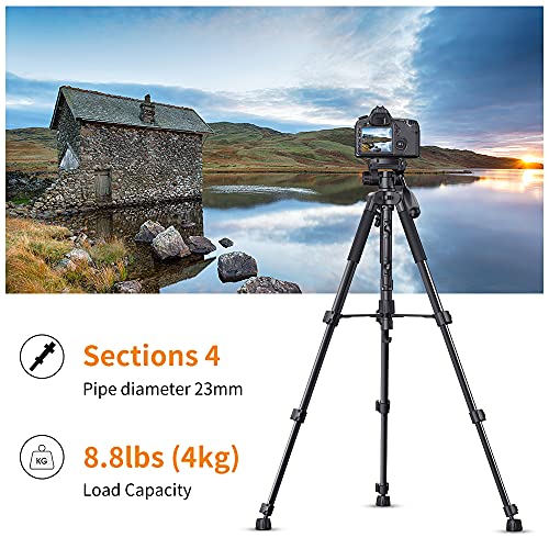 K&F Concept 56"/142Cm Aluminum Lightweight Travel Video Tripod 3-Way Swivel Pan Tilt Head With Cellphone Holder Smartphone Clip Quick Release Plate For Phone Slr Dslr Camera #TOP2