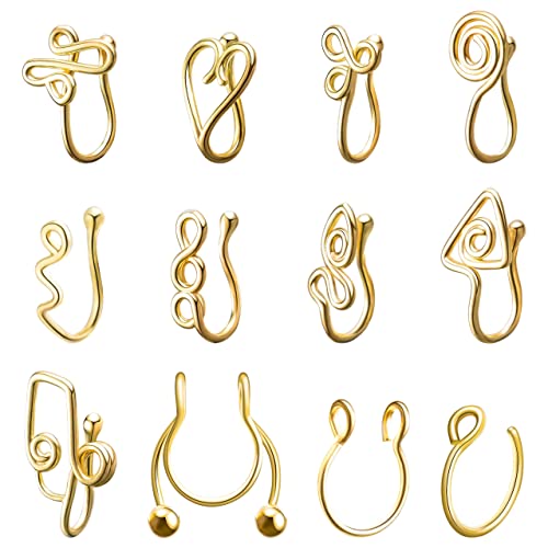 A1DIEE African Fake Nose Rings Non Piercing Gold Clip Nose Ring Jewelry Bohemian Ear Cuff Gold Plated Stainless Steel Adjustable U Shape Nose Ring Fake Gypsy Nose Cuff, 12 Pieces Cover
