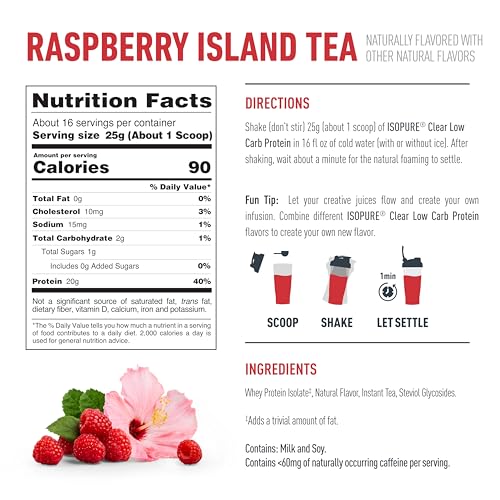 Isopure Clear Whey Isolate Protein Powder, Lactose Free, Gluten Free, Naturally Flavored, Raspberry Island Tea, 20g Protein Per Serving, 14.1 Oz, 16 Servings - image 9