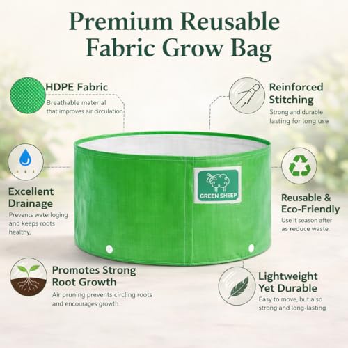 Image of GREENSHEEP HDPE Grow Bag Heavy Duty 260 GSM Round Plants Flower Growing Bags Floor Standing Mount Type for Home Garden Balcony Terrace Kitchen Nursery (Green, 18x9 inch, Pack of 6)