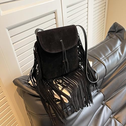 Image of Women Fashion Small Hobo Purse Fringe Designer Cell Phone Bag Suede Tassel Crossbody Bags Shoulder Handbag