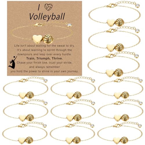 Tondiamo 12 Sets Baseball Volleyball Softball Soccer Tennis Bracelet for Women Dainty Gold Plated Heart Bracelets Sport Lovers Gifts with Inspirational Cards Sports Jewelry Gifts(Volleyball)