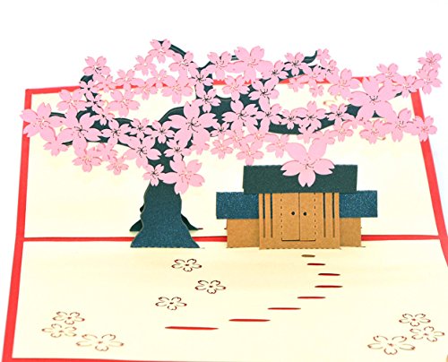 Medigy 3D Pop Up Greeting Cards Blank Cards for Most Occastions ?The Hut Under the cherry tree ) (Pink)