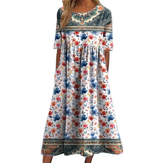 MARSVOVO Women's Boho Splicing Allover Floral Print Summer Multi Colors Plus Size Crew Neck with Pockets Maxi Dress