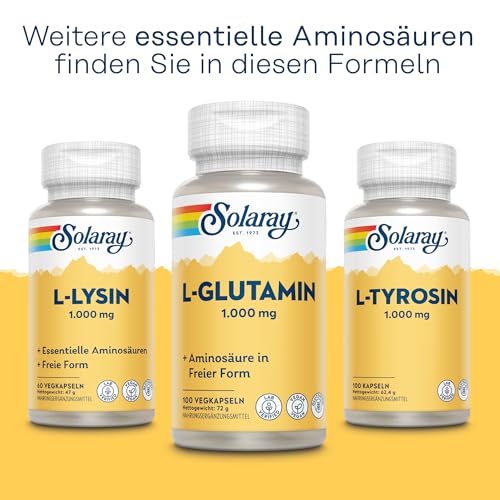 Solaray - L-Glutamin 1000mg - 100 Vegane Kapseln nicht Pulver - Hochdosiert Aminosäure - 500mg reines Glutamin pro Kapsel - Laborgeprüft