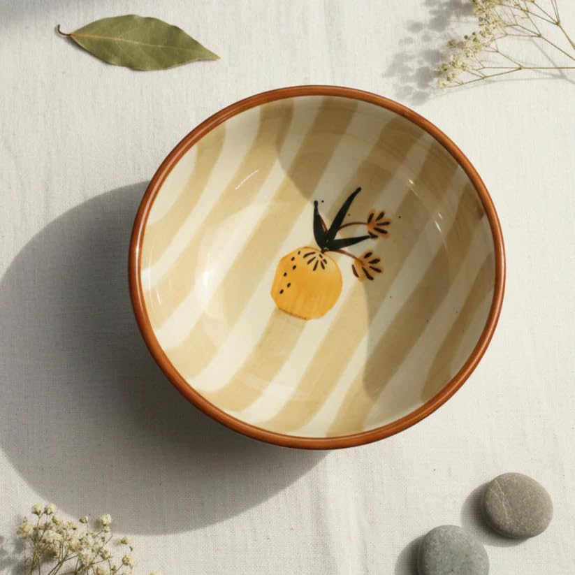 Image of Ceramic Snack Bowl Set for Serving, Dessert & Fruits | Multipurpose Kitchen Bowls Set | Premium Aesthetic Small Serving Bowls | Brown & White Stripes | Pack of 1 | 700ml